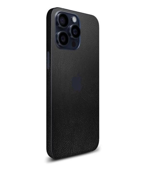 Iphone 15 Pro Max ile Uyumlu Deri Desenli Siyah Arka Kaplama - Image 1
