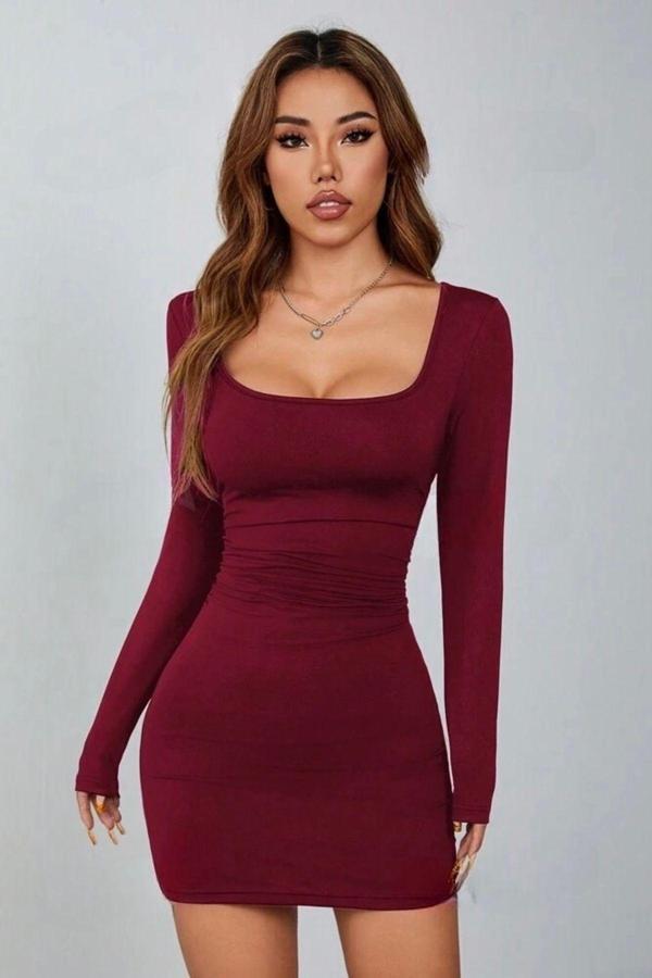 Baby Xclub Bordo Kare Yaka Uzun Kollu Likralı Mini Elbise ( Mevsimlik Ve Kışlık ) Bordo M - Image 1