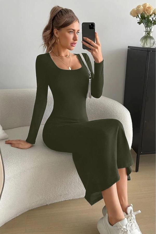 Baby Xclub Haki Kare Yaka Uzun Kollu Esnek Uzun Elbise Haki M - Image 1