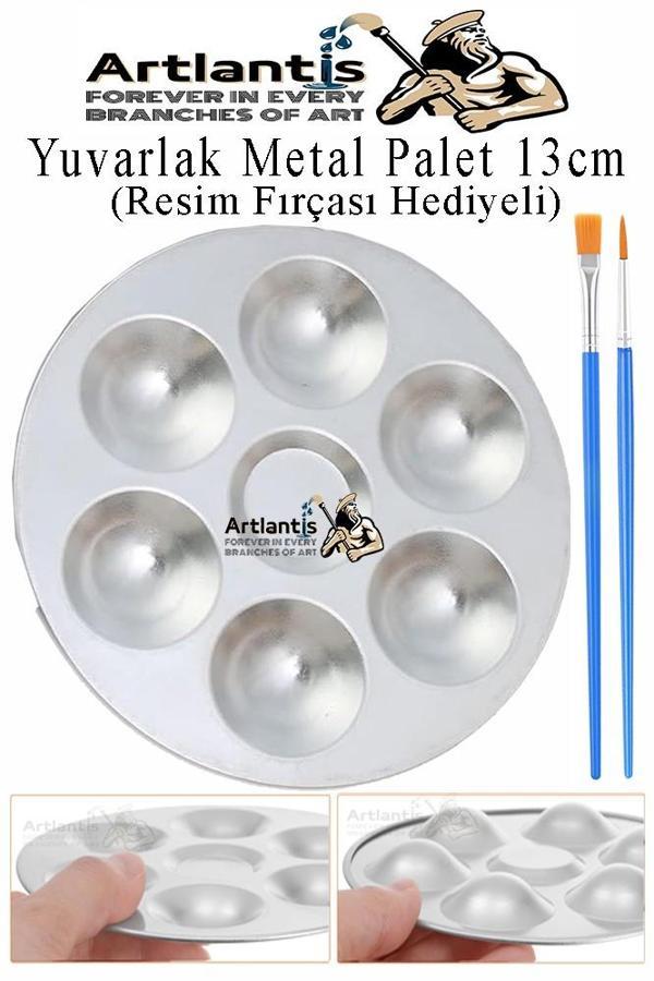 Yuvarlak Metal Palet 1 Adet Metal Boya Paleti 7 Hazneli 13 cm Paslanmaz Resim Boyama Paleti Fırça Hediyeli - Image 1