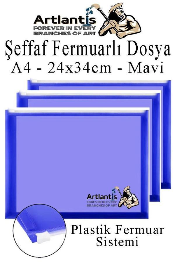 A4 Şeffaf Fermuarlı Dosya Mavi 3 Adet Pvc Fermuarlı Evrak Dosyası 24x34cm Çıtçıtlı Belge Evrak Dosyası Ofis Büro Okul - Image 1