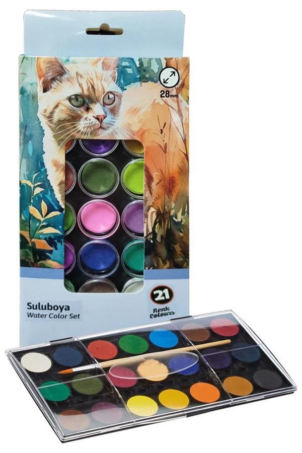 21 Renk Sulu Boya 1 Paket Fırça Hediyeli 21 li Suluboya Canlı Renkler 28 mm Boya Çapı Büyük Boy Brons - Image 1