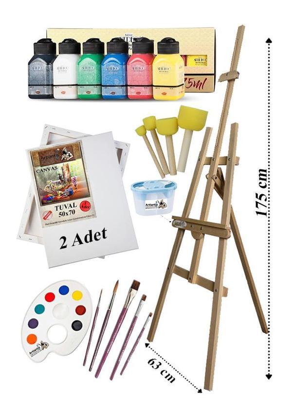 Akrilik Boya Resim Seti Artdeco 6 Ana Renk 75 ml Akrilik Boya Şövalye 2 Tuval 50x70 Fırça Spatula Şövale - Image 1