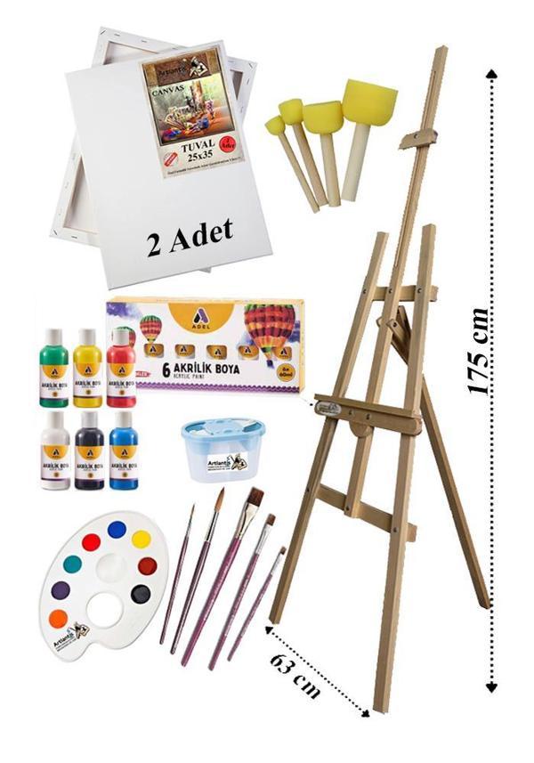 Akrilik Boya Resim Başlangıç Seti Adel 6 Ana Renk Akrilik Boya Şövalye 2 Tuval 25x35 Fırça Spatula Şövale - Image 1