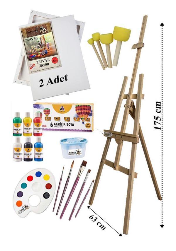 Akrilik Boya Resim Başlangıç Seti Adel 6 Ana Renk Akrilik Boya Şövalye 2 Tuval 35x50 Fırça Spatula Şövale - Image 1