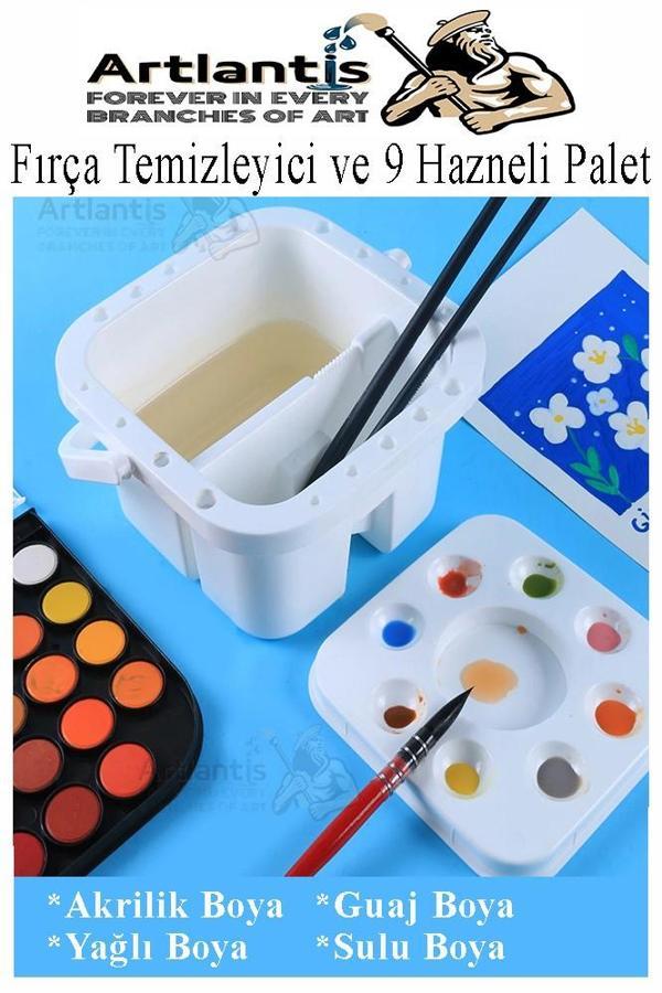 Fırça Temizleme ve 9 Hazneli Palet 1 Adet 18 li Resim Fırça Tutuculu Boya Fırçası Temizleyici Kapaklı Taşınabilir Plasti - Image 1