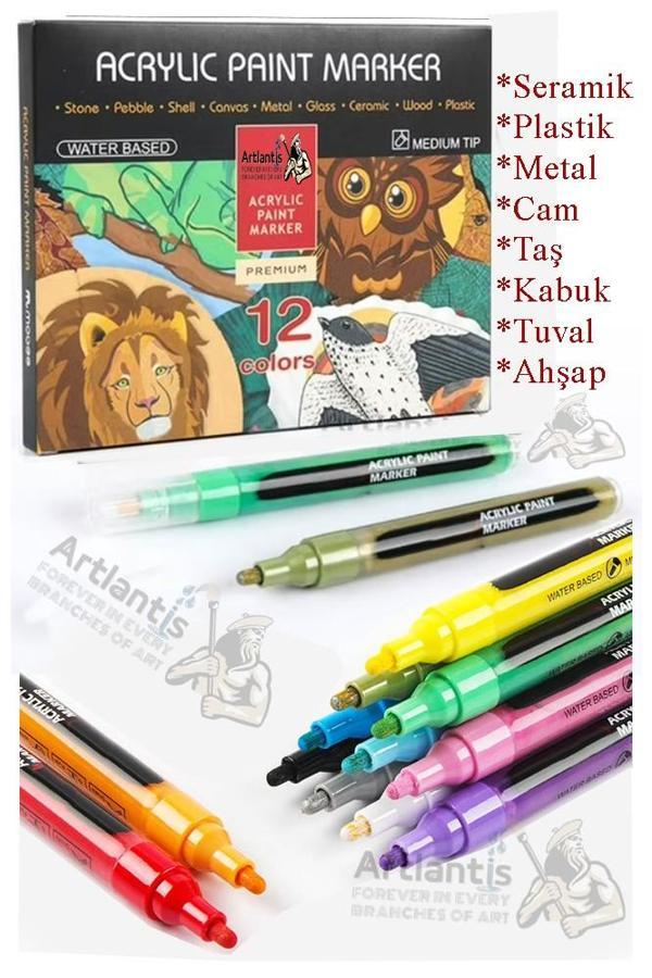 12 Renk Akrilik Markör Keçeli Kalem 1 Adet 12 li Acrylic Marker Taş Cam Metal Seramik Plastik Tuval Ahşap 0.7-1 cm - Image 1