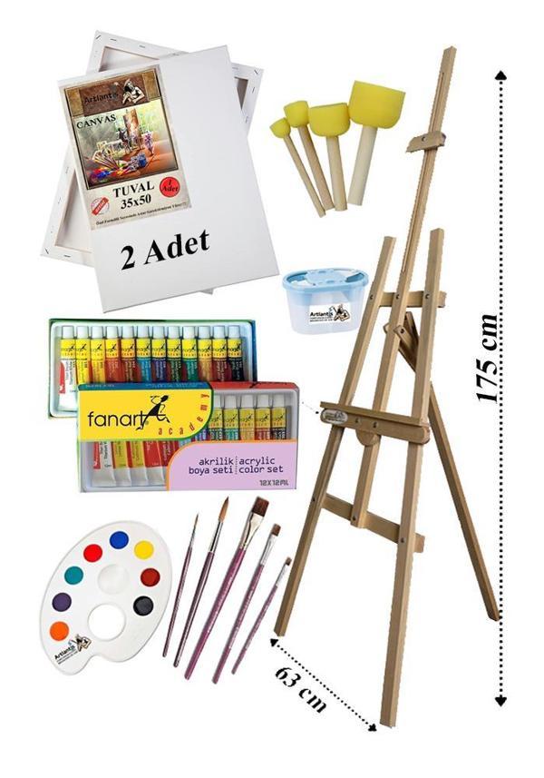 Akrilik Boya Resim Seti Fanart 12 Renk Akrilik Boya Şövalye 2 Tuval 35x50 Fırça Spatula Palet Şövale - Image 1