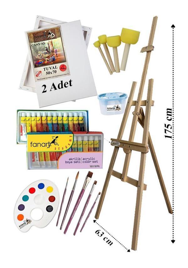 Akrilik Boya Resim Seti Fanart 12 Renk Akrilik Boya Şövalye 2 Tuval 50x70 Fırça Spatula Palet Şövale - Image 1