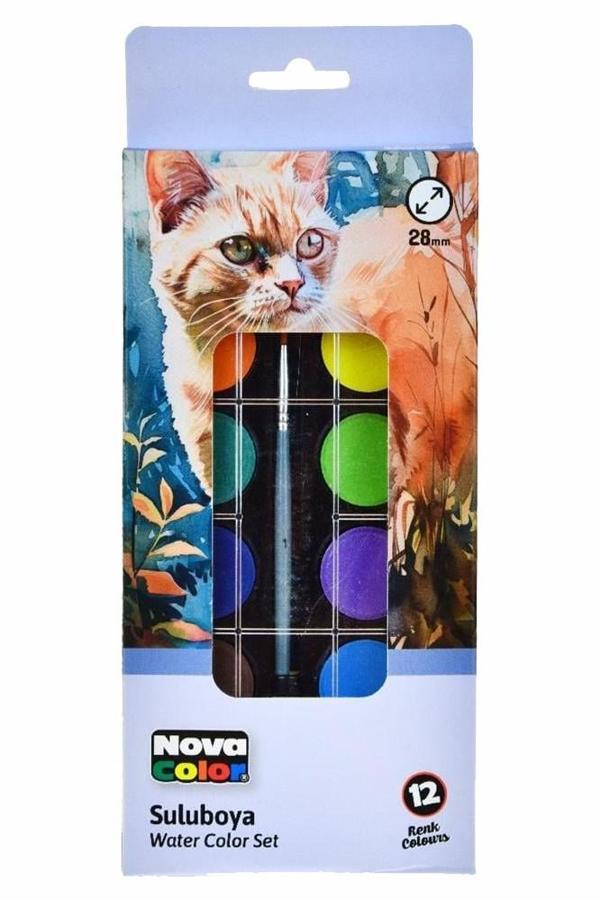 12 Renk Sulu Boya 1 Paket Fırça Hediyeli 12 li Suluboya Canlı Renkler 28 mm Boya Çapı Büyük Boy - Image 1