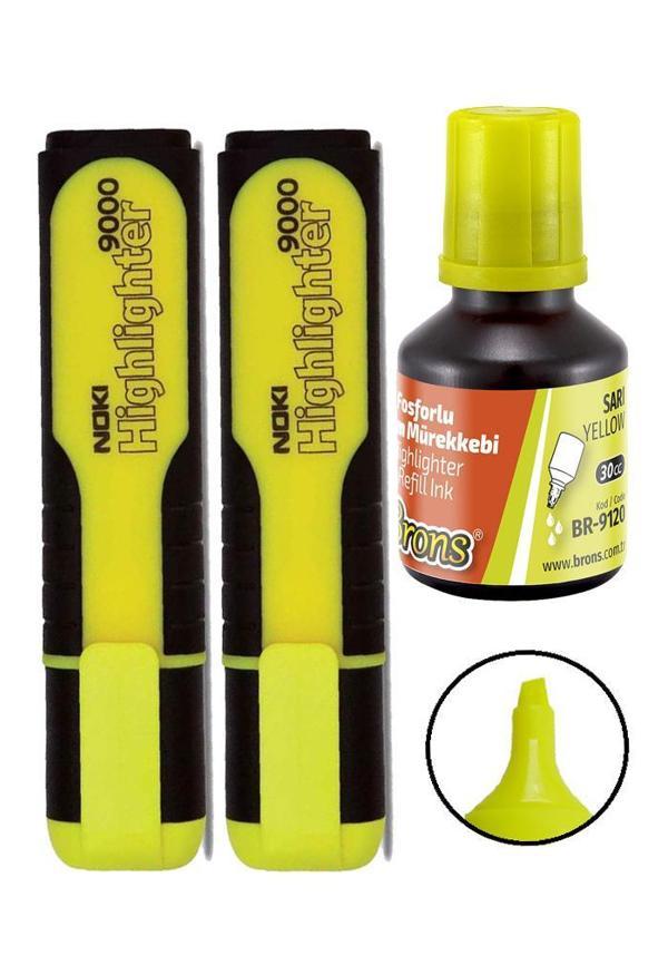 Fosforlu İşaret Kalemi Sarı Doldurulabilir 2 Adet ve Mürekkebi 30ml 1 Adet Fosforlu Neon Kalem - Image 1
