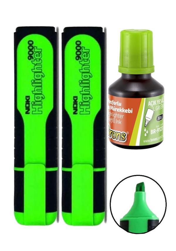 Fosforlu İşaret Kalemi Yeşil Doldurulabilir 2 Adet ve Mürekkebi 30ml 1 Adet Fosforlu Neon Kalem - Image 1
