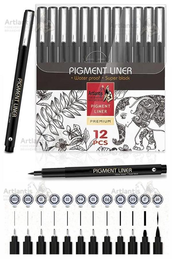 Teknik Çizim Kalemi 12 li 1 Paket Drawing Pigment Liner Eskiz Kaligrafi Kalemi Kalıcı Mürekkep Suya Dayanıklı - Image 1