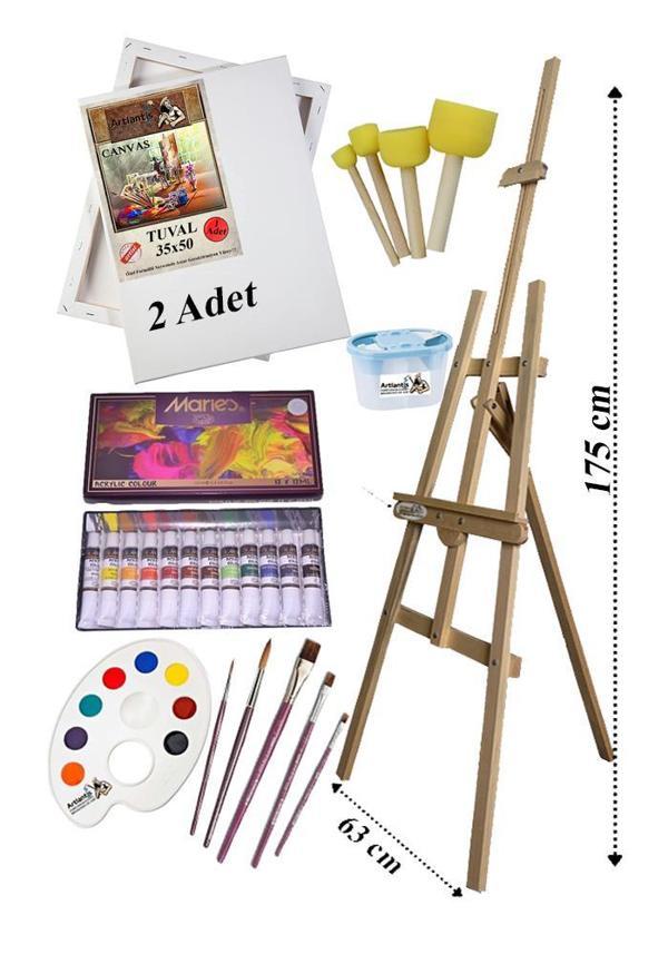 Akrilik Boya Resim Başlangıç Seti Maries 12 Renk Akrilik Boya Şövalye 2 Tuval 35x50 Fırça Spatula Şövale - Image 1