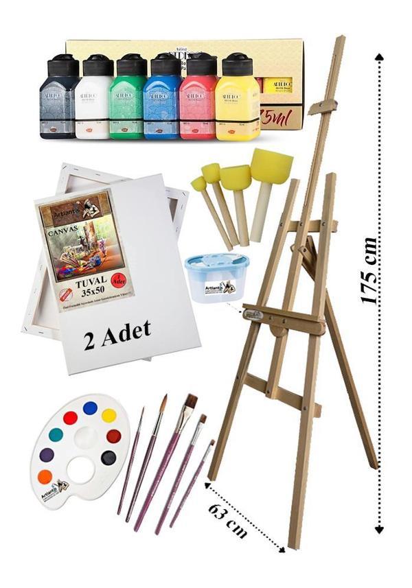 Akrilik Boya Resim Seti Artdeco 6 Ana Renk 75 ml Akrilik Boya Şövalye 2 Tuval 35x50 Fırça Spatula Şövale - Image 1