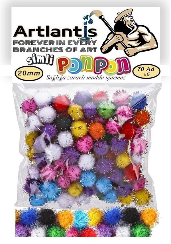 Simli Ponpon 20 mm 70 Li 1 Paket Karışık Renk Pon Pon 20 mm Pompom 2 cm Elişi Etkinliği Anasınıfı Kreş Okul Öncesi Pom P - Image 1