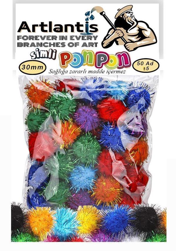 Simli Ponpon 30 mm 50 Li 1 Paket Karışık Renk Pon Pon 30 mm Pompom 3 cm Elişi Etkinliği Anasınıfı Kreş Okul Öncesi Pom P - Image 1