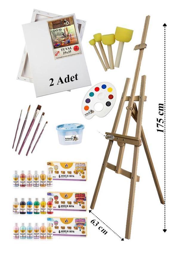 Akrilik Boya Resim Seti Adel 18 Renk Akrilik Boya Şövalye 2 Tuval 25x35 Fırça Spatula Palet Şövale - Image 1