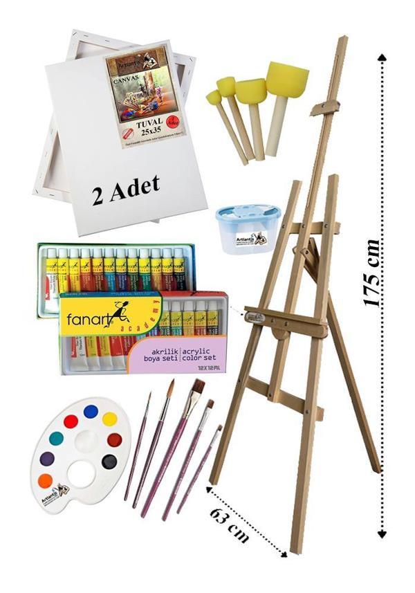 Akrilik Boya Resim Seti Fanart 12 Renk Akrilik Boya Şövalye 2 Tuval 25x35 Fırça Spatula Palet Şövale - Image 1