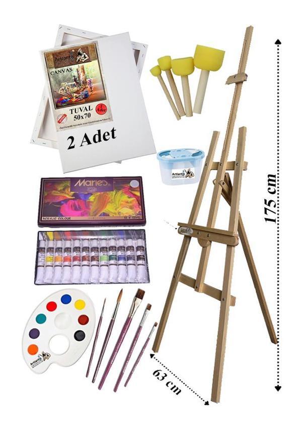 Akrilik Boya Resim Başlangıç Seti Maries 12 Renk Akrilik Boya Şövalye 2 Tuval 50x70 Fırça Spatula Şövale - Image 1