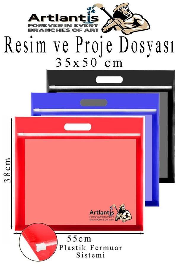 Renkli Plastik Fermuarlı Proje Dosyası 35x50 cm 3 Adet Tutmaçlı 38x55 cm Resim ve Proje Ödev Dosyası El Tutmalı - Image 1