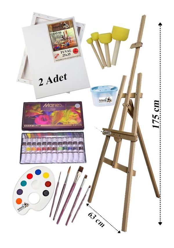 Akrilik Boya Resim Başlangıç Seti Maries 12 Renk Akrilik Boya Şövalye 2 Tuval 25x35 Fırça Spatula Şövale - Image 1