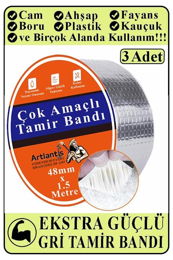 Çok Amaçlı Tamir Bandı 3 Adet Su Geçirmez Sızdırmaz Isıya Dayanıklı Sakız İzole Gri Tamir Bant 48mm 1.5 Metre - Image 1