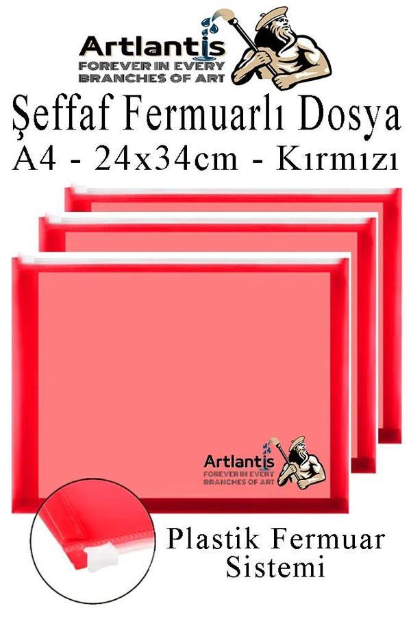 A4 Şeffaf Fermuarlı Dosya Kırmızı 3 Adet Pvc Fermuarlı Evrak Dosyası 24x34cm Çıtçıtlı Belge Evrak Dosyası Ofis Büro Okul - Image 1