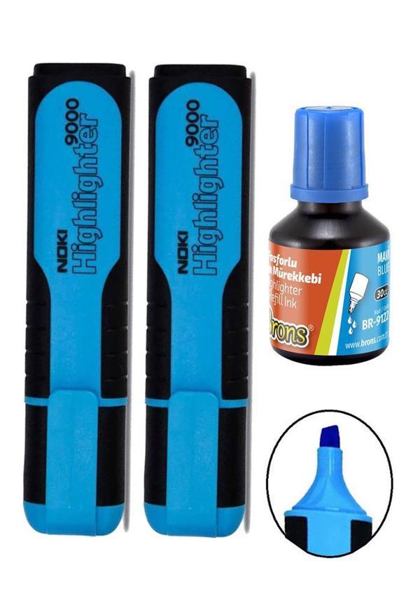 Fosforlu İşaret Kalemi Mavi Doldurulabilir 2 Adet ve Mürekkebi 30ml 1 Adet Fosforlu Neon Kalem - Image 1