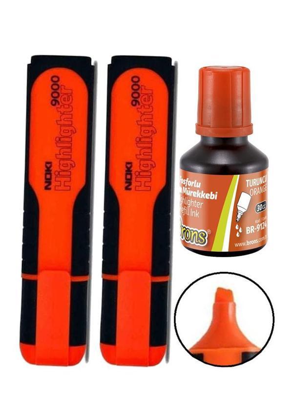 Fosforlu İşaret Kalemi Turuncu Doldurulabilir 2 Adet ve Mürekkebi 30ml 1 Adet Fosforlu Neon Kalem - Image 1