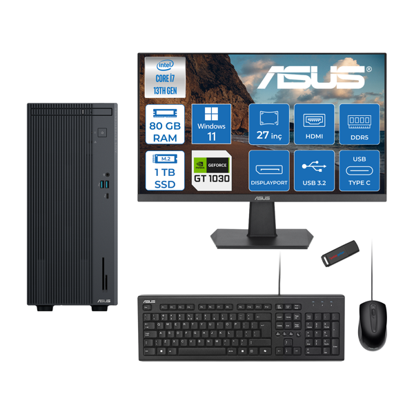 Asus Expertcenter P500MV Intel Core I7-13620H 80GB Ddr5 1tb SSD WIN11HOME 4GB/GT1030 100HZ IPS 27" Mon Minitower Masaüstübilgisayar WJ7136216512B0DH28+ZETTAUSBBELLEK - Image 1
