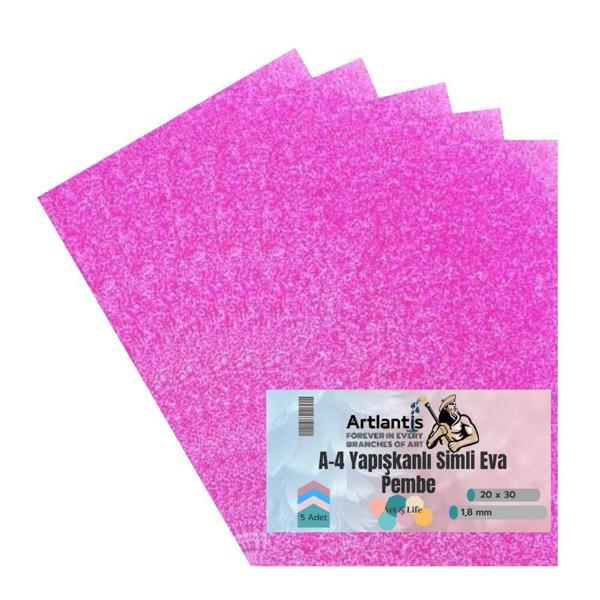 Yapışkanlı Simli Eva Pembe A4 20x30 5 Adet 1 Paket Hobi Okul Öncesi Kreş Anasınıfı Eva Yapışkanlı Simli 20*30 - Image 1