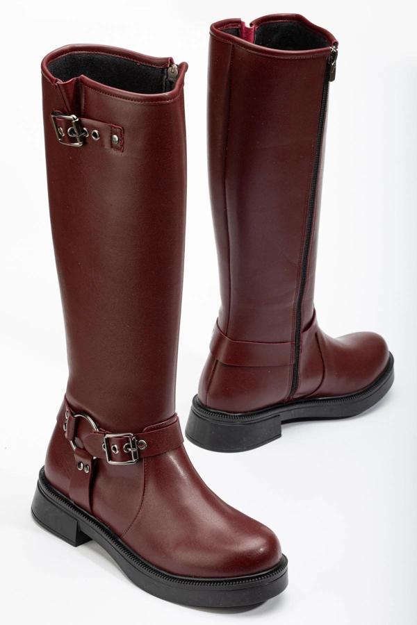 02-312 Bordo Toka Aksesuarlı Fermuarlı Günlük Kadın Çizme - Image 1