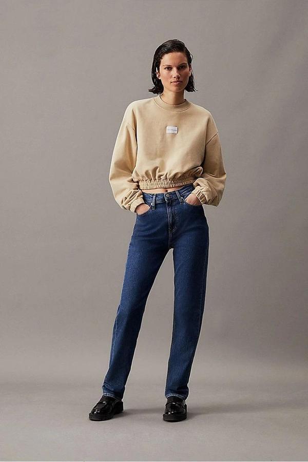 CK Jeans WOVEN LABEL CREW NECK Kadın Bej Sweatshirt J20J223535-RAE - Image 1