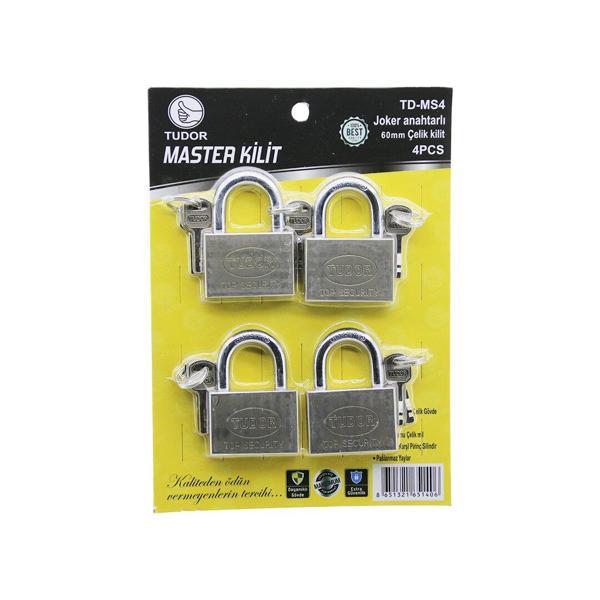 TUDOR TD-MS4 MASTER 4PCS JOKER ANAHTARLI=TEK ANAHTARLA 4 KİLİT AÇ  60MM - GRİ KISA KANCALI ÇELİK ASMA KİLİT  - Image 1