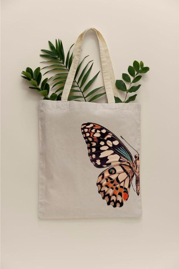 Tufi Baby Kelebek Desenli Baskılı Ham Bez Çanta Tote Bag Omuz Çantası - Image 1