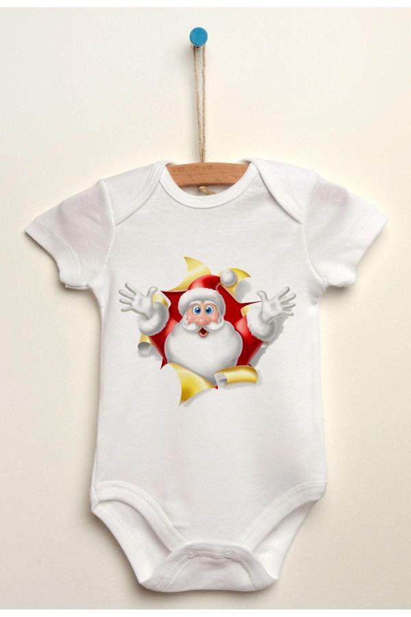 Puppetzzz Yılbaşı Noel Merry Christmass Baskılı Organik Pamuklu  Beyaz Body Zıbın Çıtçıtlı - Image 1