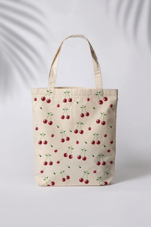 Tufi Baby Kiraz Baskılı Ham Bez Çanta Tote Bag Omuz Çantası - Image 1
