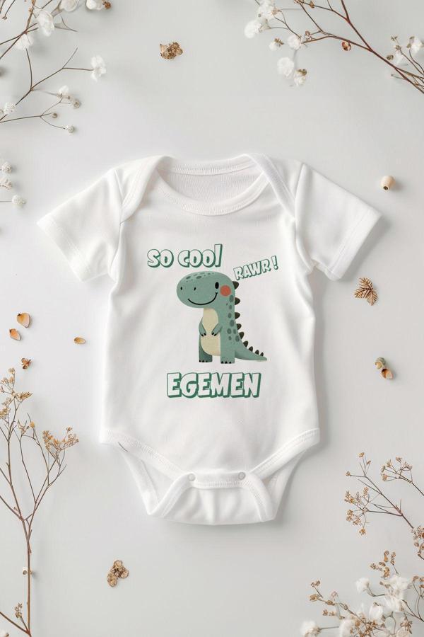 Tufi Baby %100 Pamuk Kısa Kollu So Cool Dinozor Desenli Çıtçıtlı Bebek Body Zıbın Beyaz Kişiye Özel - Image 1