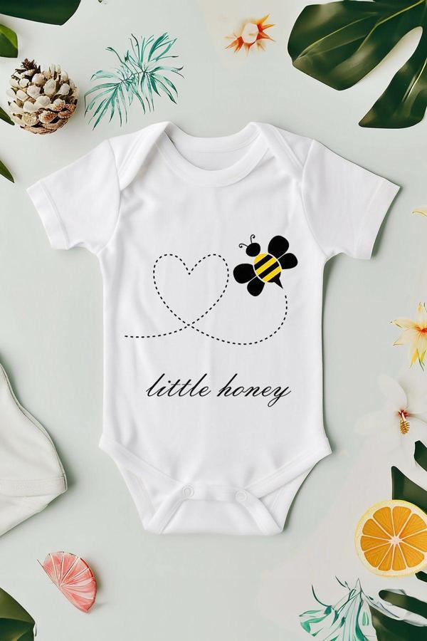 Tufi Baby %100 Pamuk Kısa Kollu Little Honey Desenli Çıtçıtlı Bebek Body Zıbın Beyaz - Image 1