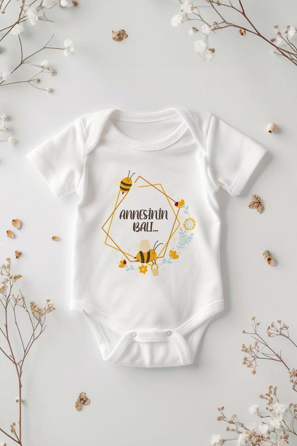 Tufi Baby %100 Pamuk Kısa Kollu Annesinin Balı... Desenli Çıtçıtlı Bebek Body Zıbın Beyaz Anne - Image 1