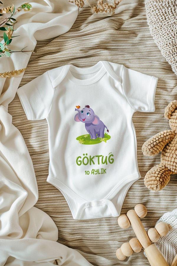 Tufi Baby %100 Pamuk Kısa Kollu Kişiye Özel Aylık Desenli Çıtçıtlı Bebek Body Zıbın Beyaz - Image 1