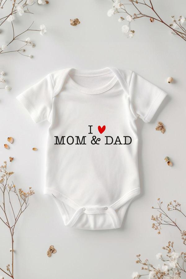 Tufi Baby %100 Pamuk Kısa Kollu I Love And Mom Desenli Çıtçıtlı Bebek Body Zıbın Beyaz - Image 1