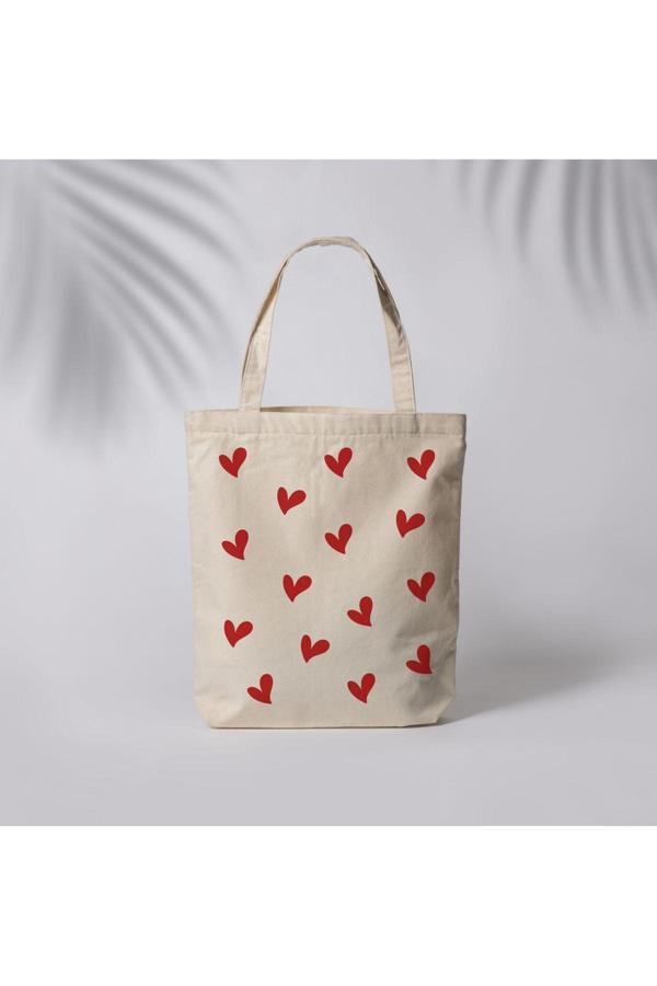 Tufi Baby Kırmızı Kalpli Baskılı Ham Bez Çanta Tote Bag Omuz Çantası - Image 1