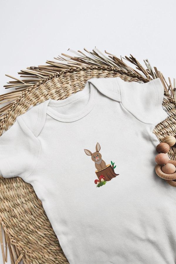 Tufi Baby %100 Pamuk Kısa Kollu Sevimli Tavşan Desenli Çıtçıtlı Bebek Body Zıbın Beyaz - Image 1