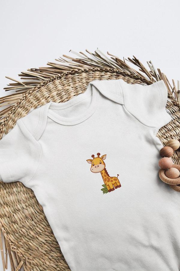 Tufi Baby %100 Pamuk Kısa Kollu Sevimli Zürafa Desenli Çıtçıtlı Bebek Body Zıbın Beyaz - Image 1