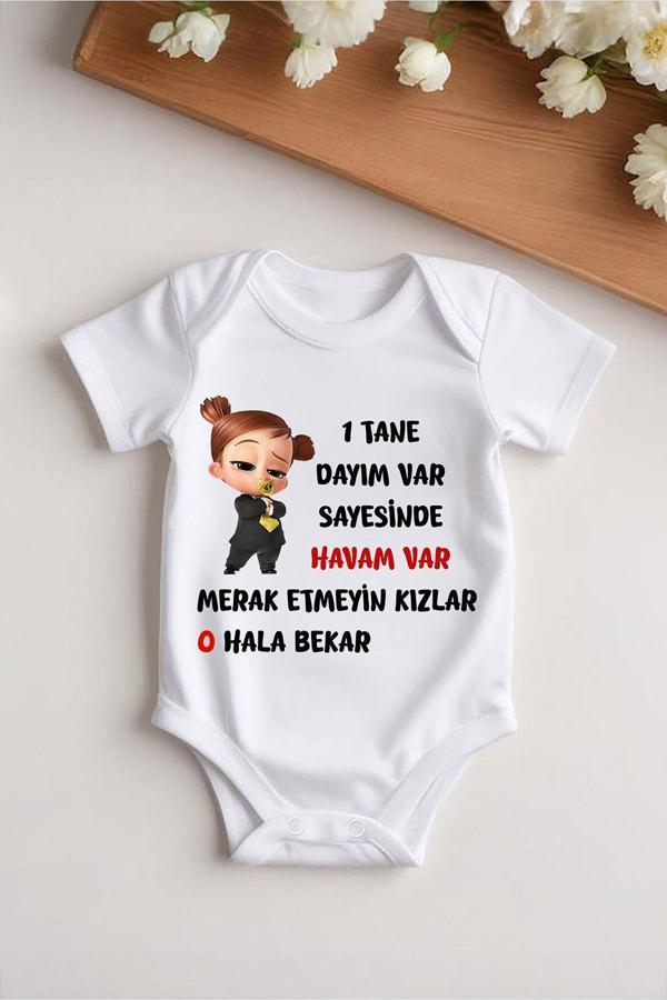 Tufi Baby %100 Pamuk Kısa Kollu Dayım Var Sayesinde Havam Var Desenli Çıtçıtlı Bebek Body Zıbın - Image 1