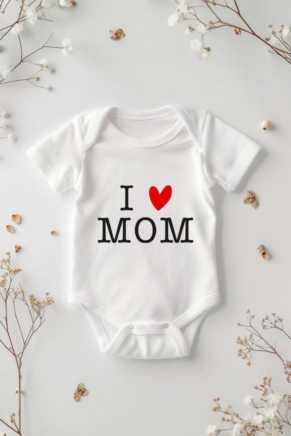 Tufi Baby %100 Pamuk Kısa Kollu I Love Mom Desenli Çıtçıtlı Bebek Body Zıbın Beyaz - Image 1