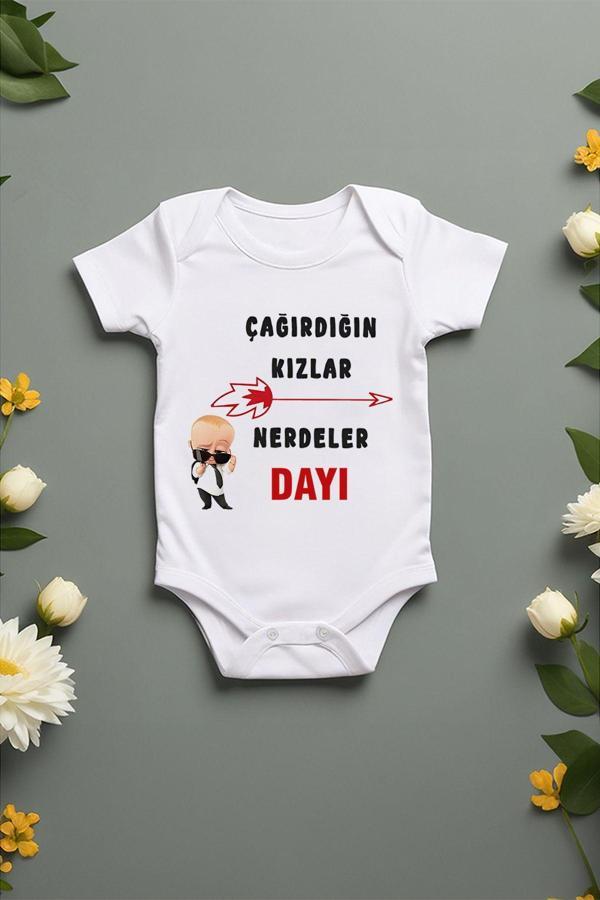 Tufi Baby %100 Pamuk Kısa Kollu Çağırdığın Kızlar Nerdeler Dayı Desenli Çıtçıtlı Bebek Body Zıbın Beyaz - Image 1