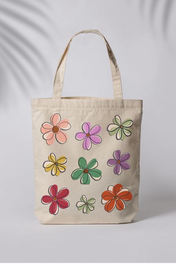 Tufi Baby Colorful Flower Baskılı Ham Bez Çanta Tote Bag Omuz Çantası - Image 1